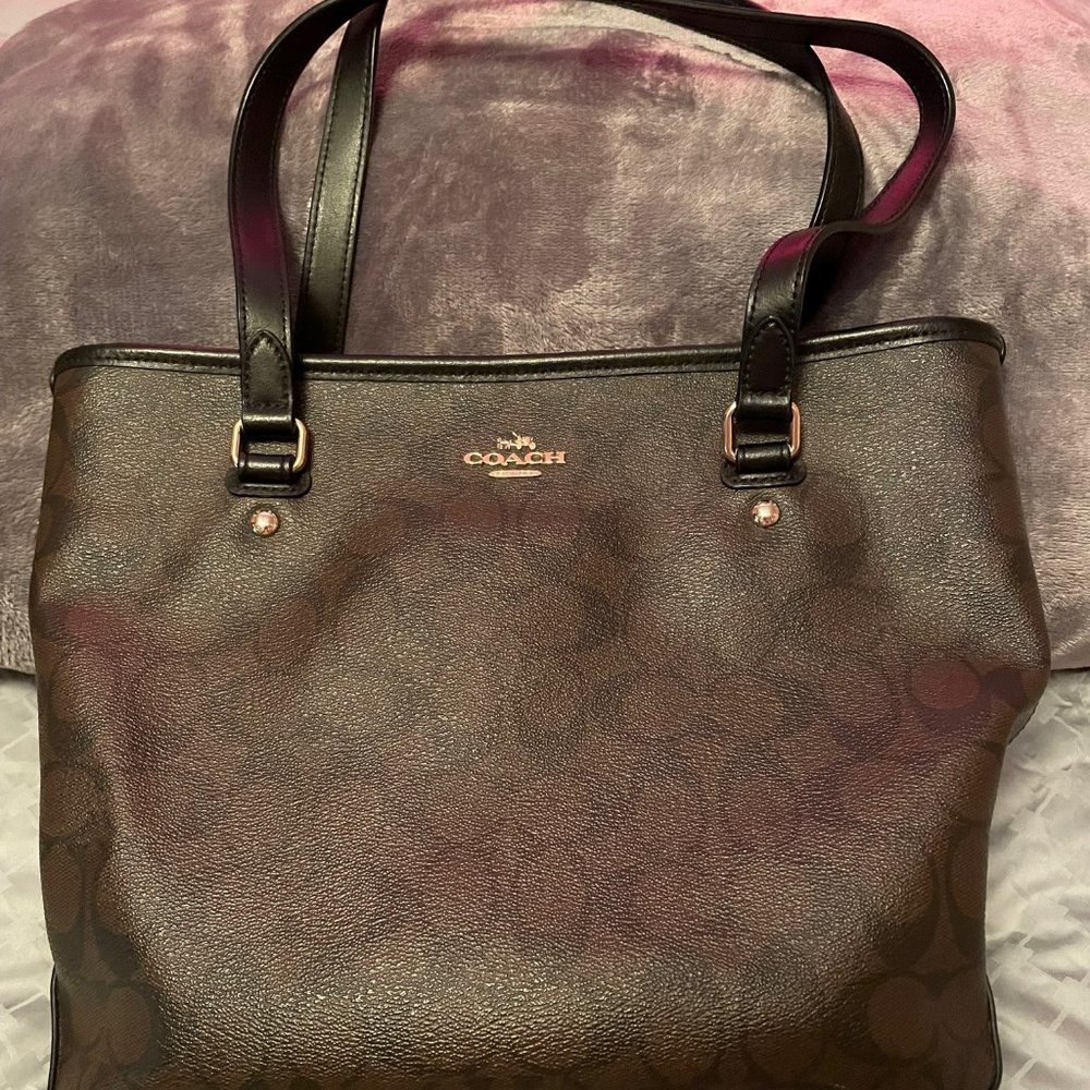 Coach Brown Black Signature Coated Canvas Purse